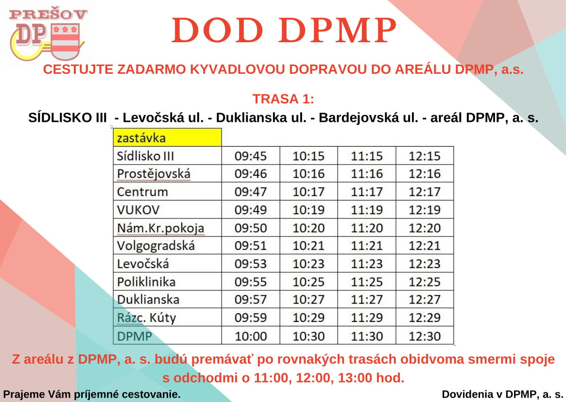 Cestovný poriadok kyvadlovej linky na DOD v DPMP.